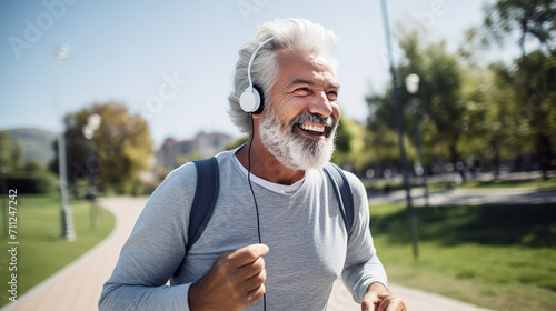 A happy mature man with headphones on the street in the park in the early morning  an elderly athlete runs with a beaming smile on his face  enjoying an active healthy lifestyle