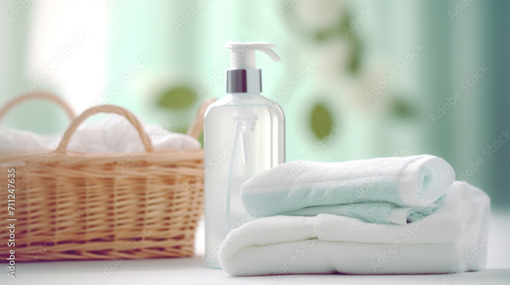 Fresh white towels and transparent soap dispenser on a serene spa background with a wicker basket.