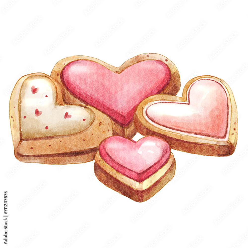 Heart shaped cookies . Valentines day object . Watercolor painting elements . PNG . Heart shaped cookies . Valentines day object . Watercolor painting elements . PNG .