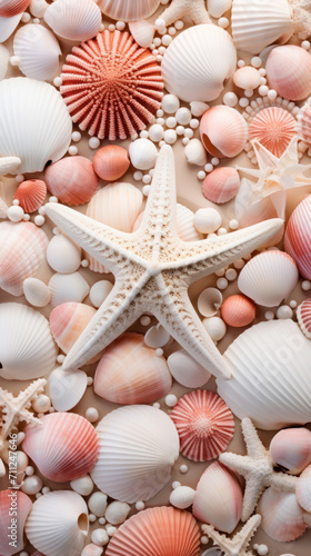 Top view of a collection of assorted seashells and starfish arranged on a sandy background.