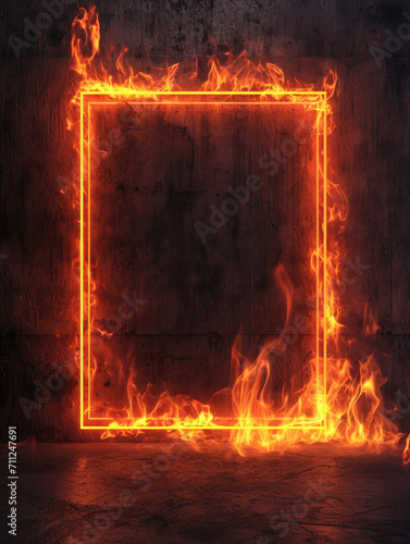 flames surrounding a red-hot vertical rectangular frame with room for copy space