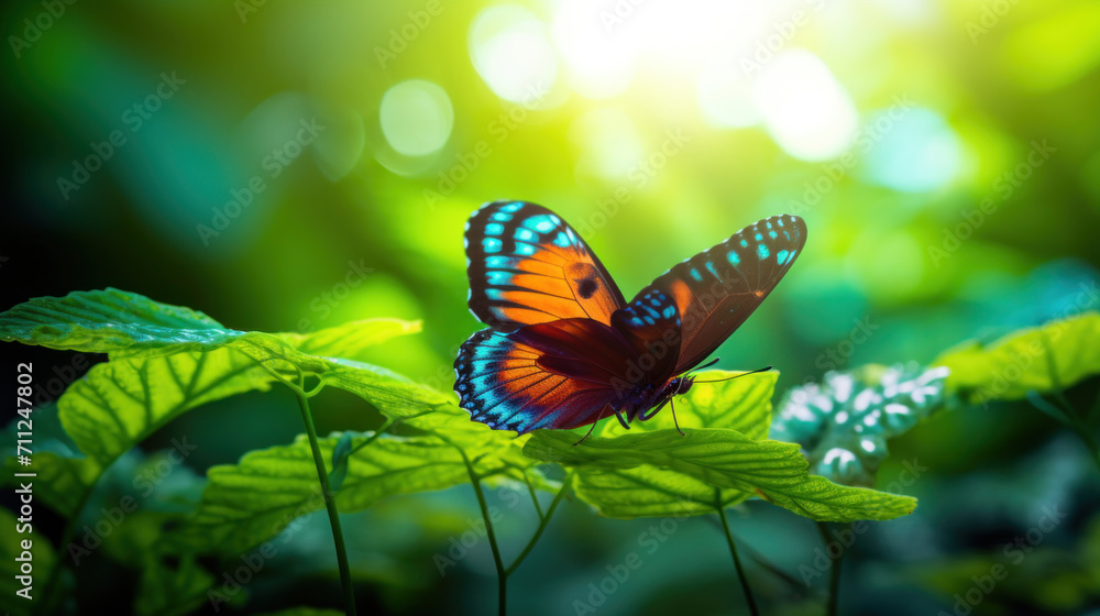 Fototapeta premium A beautiful close-up of a butterfly sitting on a green leaf