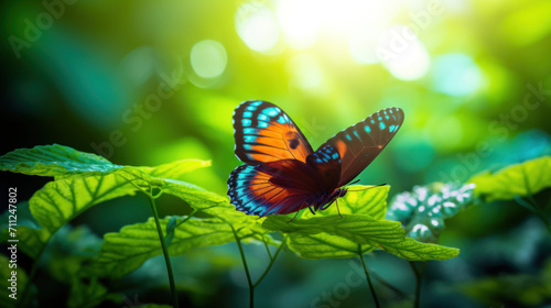 A beautiful close-up of a butterfly sitting on a green leaf © red_orange_stock