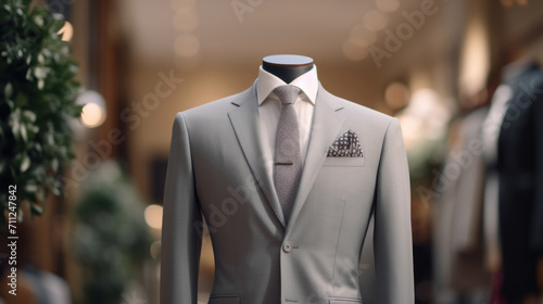 An elegant light grey suit on a mannequin, showcased in a fashion store, ideal for business or formal events.