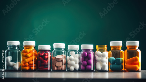 Various colorful pills, capsules and tablets in different glass or plastic jars photo