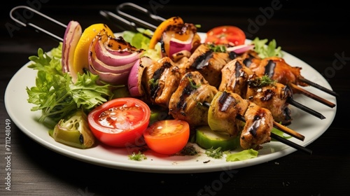 In this vibrant food shot, a platter of succulent, perfectly grilled Cider Avoid marinated chicken skewers steals the show, accompanied by a side salad bursting with fresh, seasonal vegetables.