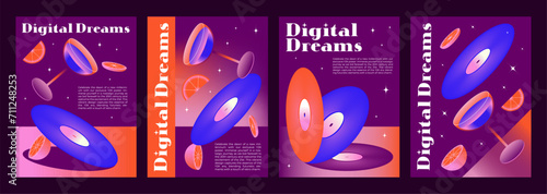 Set of y2k electronic music party posters. Vector realistic illustration of nightclub flyers, concert banners with cocktail glasses, vinyl platters, sparkling stars on purple background, retro style