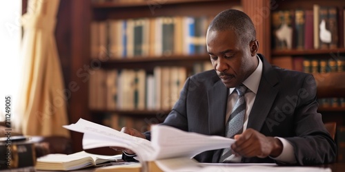 African American attorney in a law office, reviewing legal documents with a meticulous eye photo