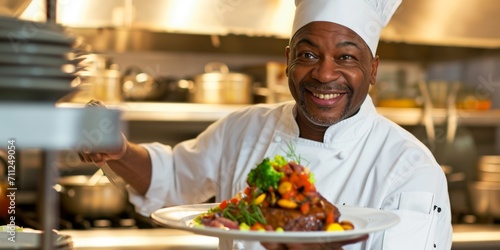 accomplished African American chef presenting a gourmet meal with flair