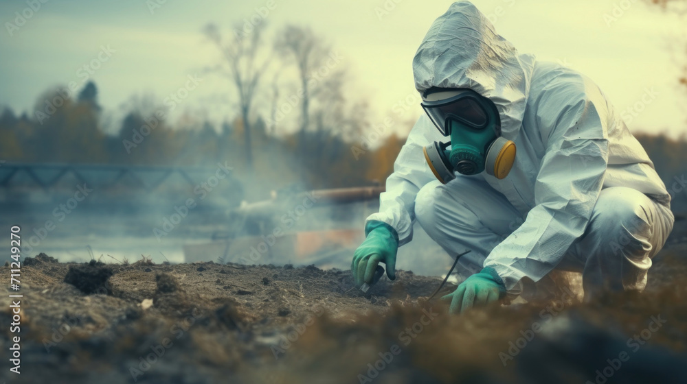 An individual in a hazmat suit crouches on a foggy riverbank, carefully studying the ground, highlighting environmental caution. An individual in a hazmat suit crouches on a foggy riverbank, carefully studying the ground, highlighting environmental caution.