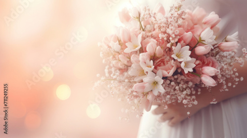 A bride's hand holds a delicate bouquet of pink flowers and baby's breath, with a soft, dreamy bokeh background.