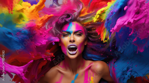 A woman reacts with a surprised expression amidst a vibrant explosion of powdered paint in a myriad of colors.