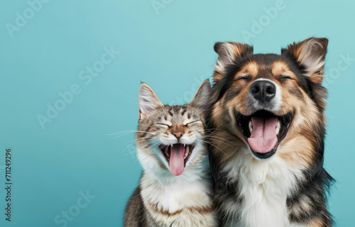Banner with pets. Dog and cat smiling with happy expression and closed eyes. Isolated on blue colored background
