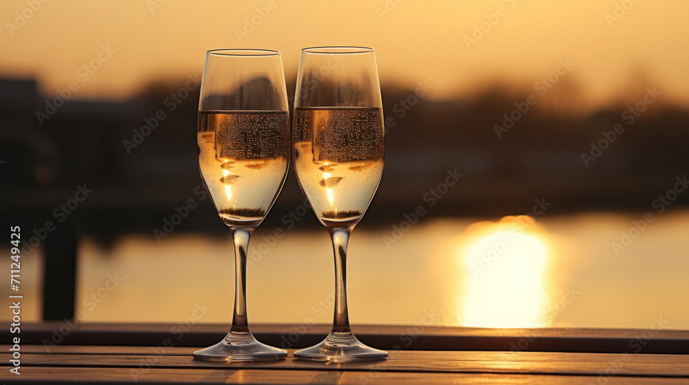 Two elegant champagne glasses against a sunset over water, capturing a romantic toast moment.