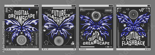 Y2k retro poster design template with grey tribal abstract graphic butterfly shape elements on black background, text box and decorative forms. Vector set of techno banner layout in 2000s aesthetic.