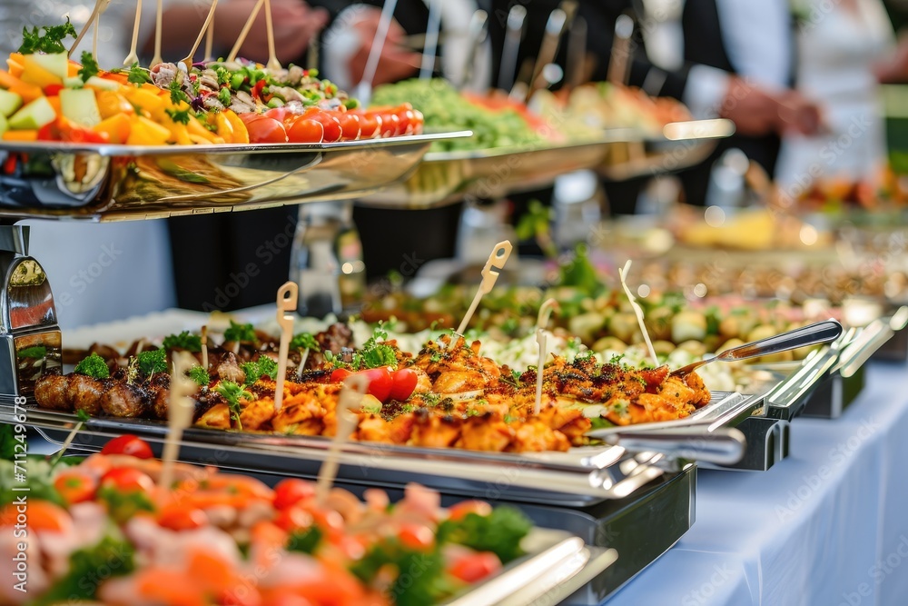 Catering buffet food indoor in luxury restaurant with meat and vegetables.