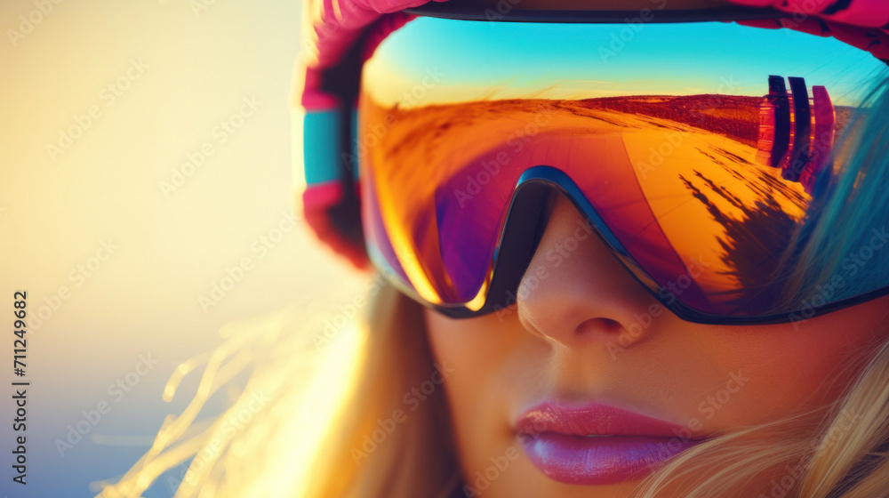 Close-up of a woman wearing ski goggles which reflect the golden hues of a winter sunset over a snowy mountain landscape. Close-up of a woman wearing ski goggles which reflect the golden hues of a winter sunset over a snowy mountain landscape.