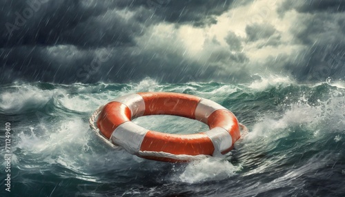 life buoy on the sea, Lifebuoy floating on sea in storm weather