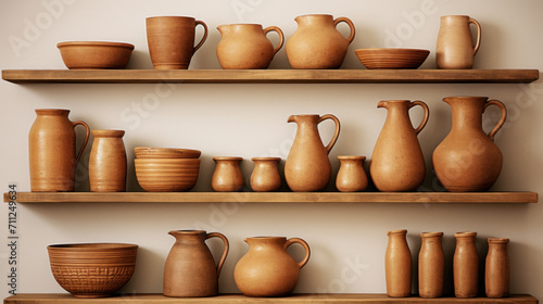 A variety of classic earthenware pottery pieces, including jugs and bowls, displayed on wooden shelves against a neutral background.