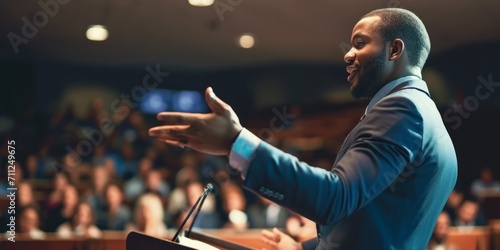 charismatic African American public speaker inspiring the audience with confidence photo