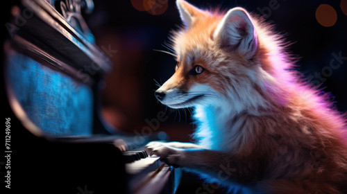 A red fox engaged in playing piano amidst a colorful, vibrant fantasy backdrop, blending wildlife with surreal imagination.