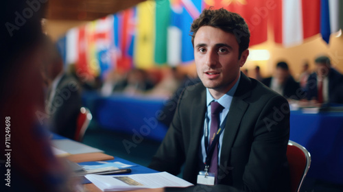 A young male delegate engages in discussion at an international forum, representing the active involvement of youth in global politics.