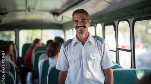 Cheerful bus driver standing in the aisle, greeting passengers with a warm, welcoming smile.