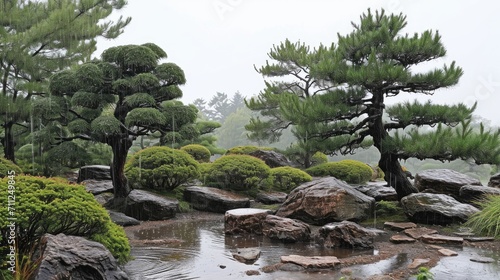 Japanese garden pine trees in spring rain. © kardaska