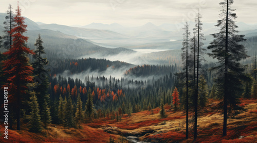 A serene autumnal landscape featuring a forest with mist rolling over distant mountains and a meandering stream. photo