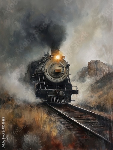oil painting of An antique train, steam engine