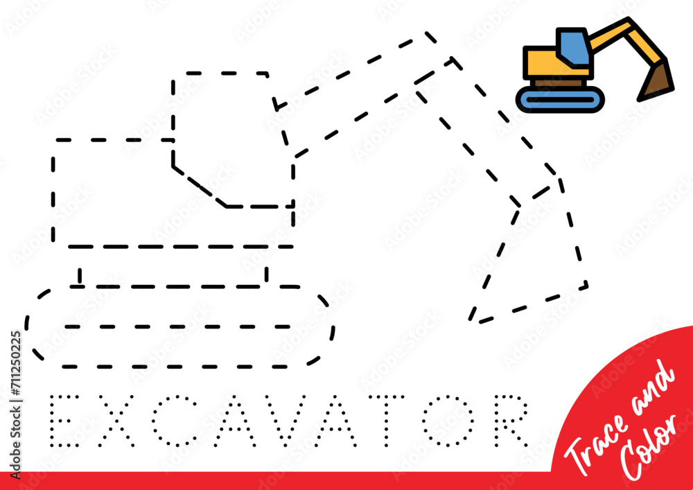 Vector illustration of excavator. trace and color game for kids