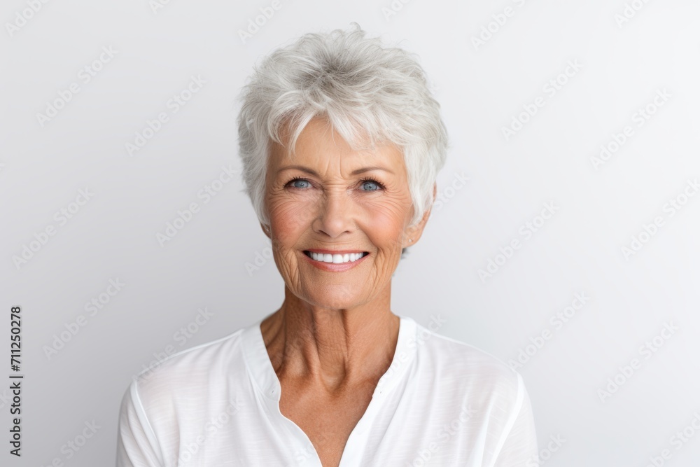 Portrait of smiling senior woman looking at camera over grey background. Portrait of smiling senior woman looking at camera over grey background.