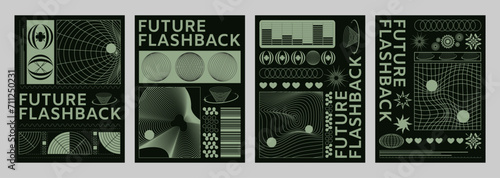 Poster and cover design template in y2k retro style with wireframe abstract simple monochrome form elements and typography. Vintage minimal banner in 2000s aesthetic with grid shapes and surface.