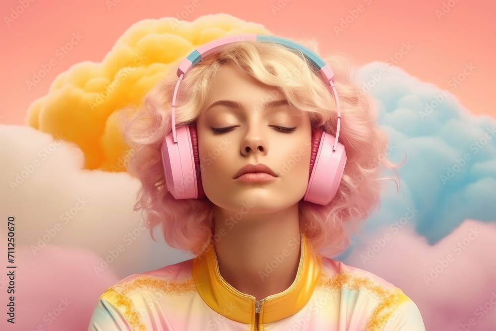 Fototapeta premium Beautiful young girl with pink hair in headphones against pink clouds listening to music