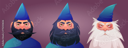 Male wizard portrait - sorcerer face aging process. Cartoon vector illustration set of three ages of man with beard in magician hat. Yulong, adult and elderly warlock front view. Life cycle of merlin.