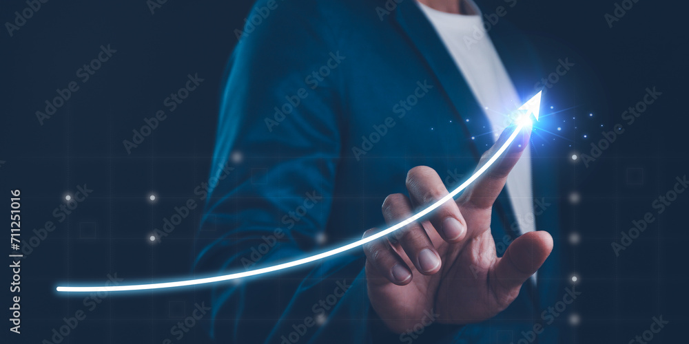 Business development to success and growing growth concept, Businessman pointing arrow graph corporate future growth plan - obrazy, fototapety, plakaty 
