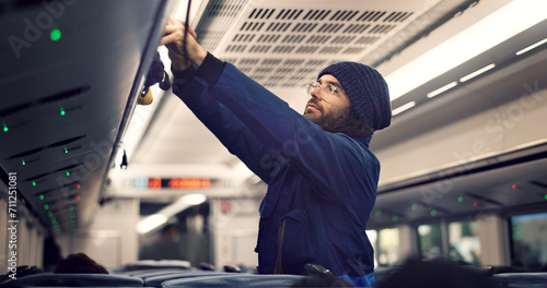 Canvas Print Man, train travel and overhead luggage compartment for storage, safety and property with thinking