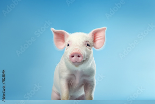 standing pig isolated on pastel blue background, pet pig, copy space for text