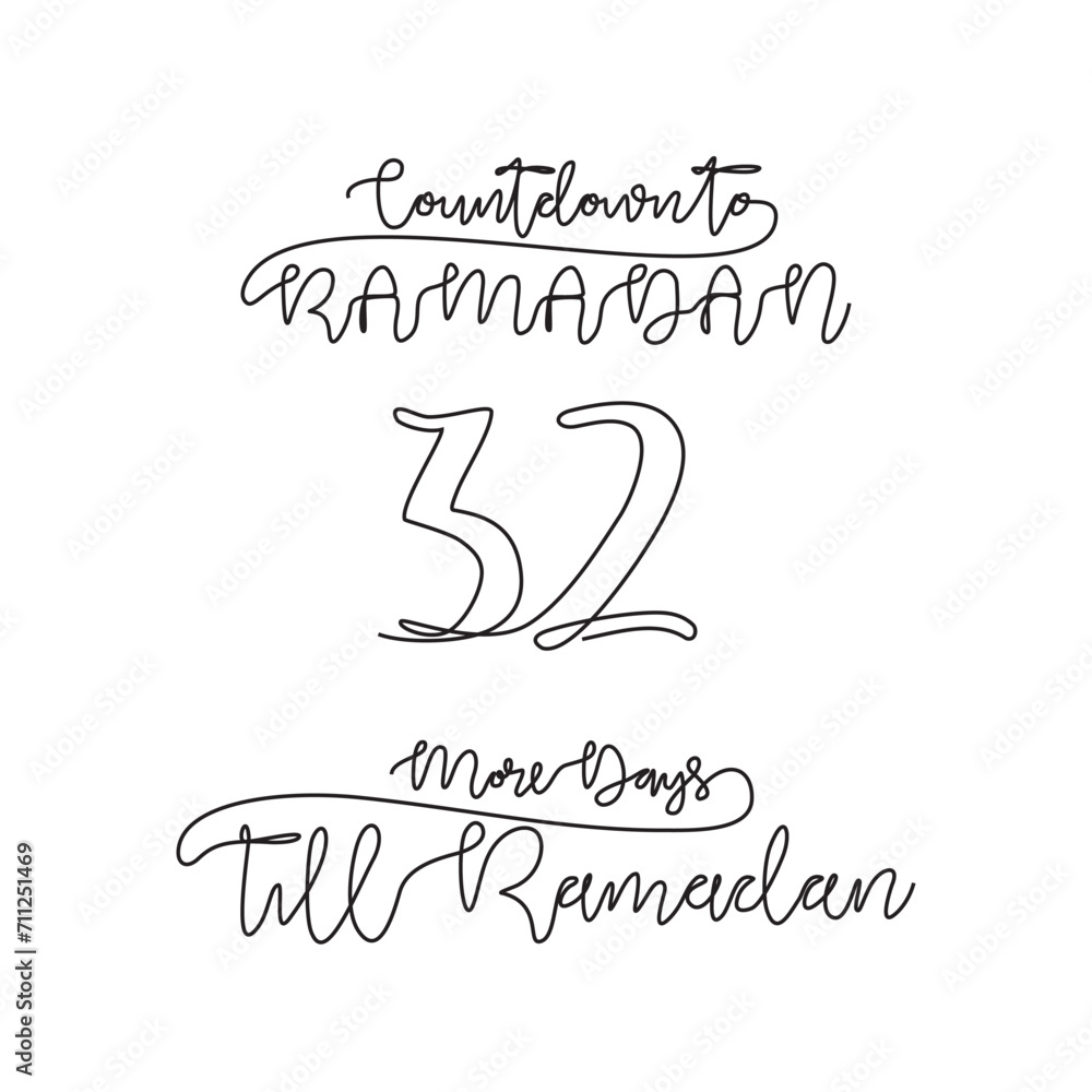 One continuous line for ramadan kareem count down day 32 vector illustration. Simple quotes for reminding ramadan kareem 1445 H will coming in simple linear style vector illustration. Ramadan kareem.