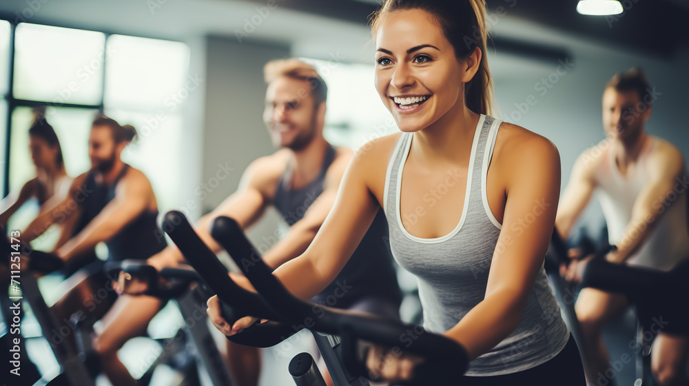 People biking in Spinning class at modern gym, exercising on stationary bike. A sporty lifestyle People biking in Spinning class at modern gym, exercising on stationary bike. A sporty lifestyle
