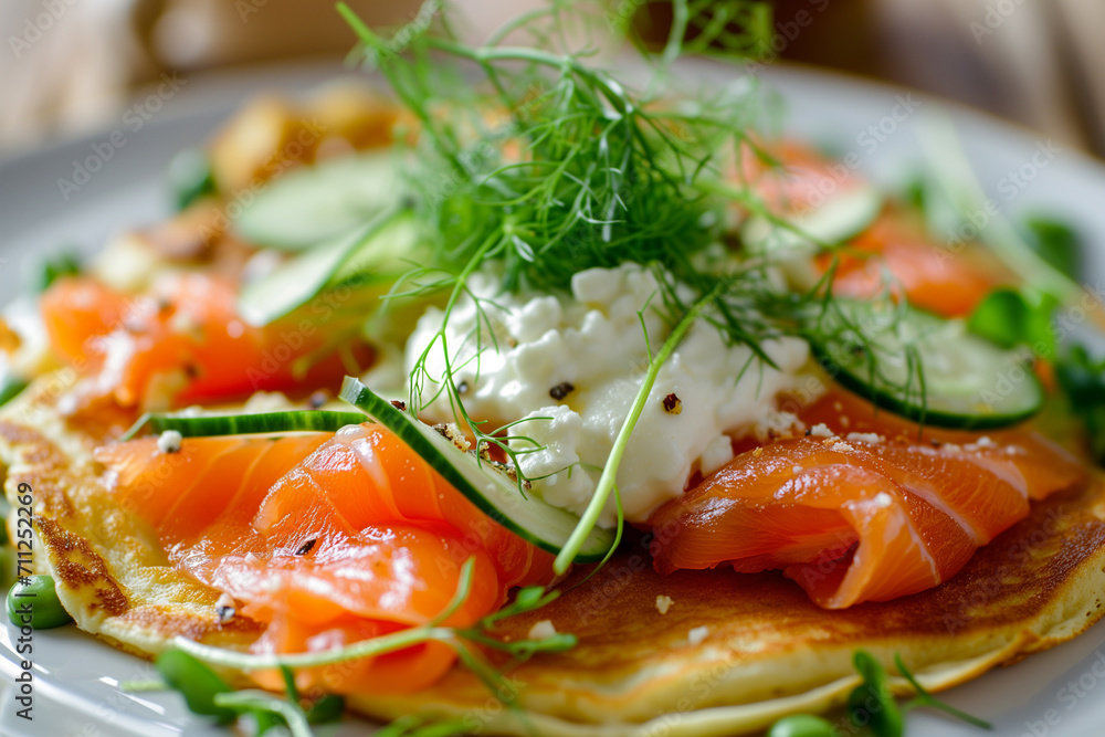 Pancakes with salted salmon, cucumber, greens and curd cheese, close-up Pancakes with salted salmon, cucumber, greens and curd cheese, close-up