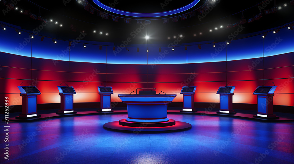 Generate an image of a presidential debate stage for speech - obrazy, fototapety, plakaty 