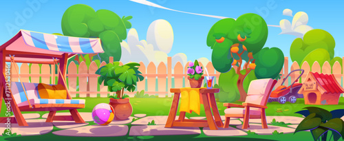 Backyard garden with furniture and fence. Vector cartoon illustration of swing, wooden armchair, cocktail glass on barbecue table, lawn mower, trees and flower pots under blue sky, dog house, toy ball