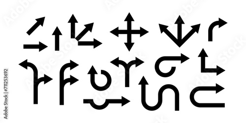 Vector arrows collection, road sign black arrow path direction.