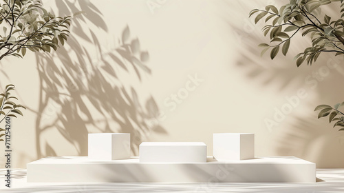 Abstract minimal nature scene - empty stage with three white rectangle podiums on beige background and shadows of tree leaves. Pedestal for cosmetic product and packaging mockups display presentation photo