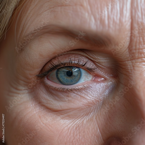 Age. Fine lines. Expression wrinkles. Aesthetic medicine. Dynamic facial rhytid. Facial line. Skincare. Face lifting. Surgery. Mimic wrinkles. Pupil. Iris. Eyebrows. Cosmetic medicine. Skin science photo