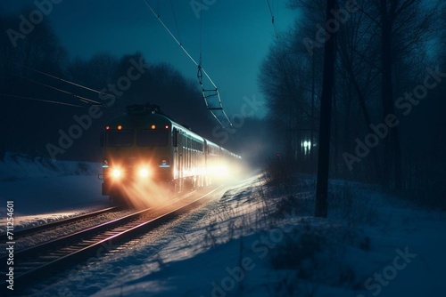 A moving train in winter with bright headlights. Generative AI
