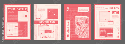 Y2k design template for poster or cover with grid and pixel art abstract shapes and surfaces. Vector illustration set of pastel pink banner layout with wireframe forms ornament and typography box.
