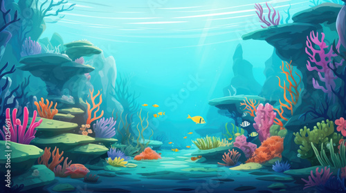 Ocean underwater landscape illustration in cartoon style. Scenery background.