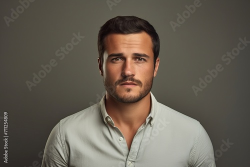 Portrait of a handsome young man in shirt on grey background.